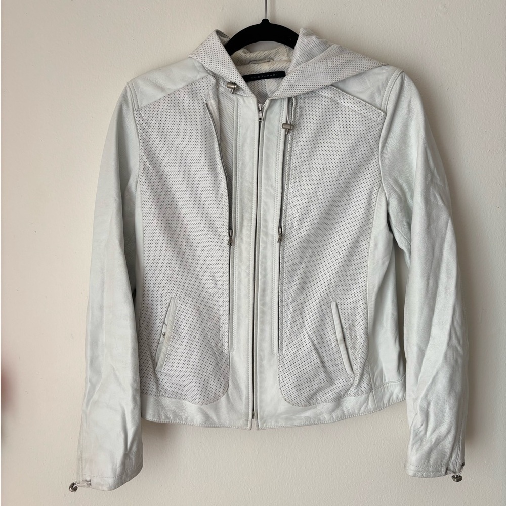 elie tahari white perforated leather hooded jacket